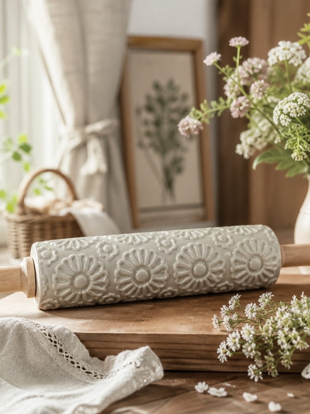 Embossed Ceramic Rolling Pin - Floral Pattern in Cream